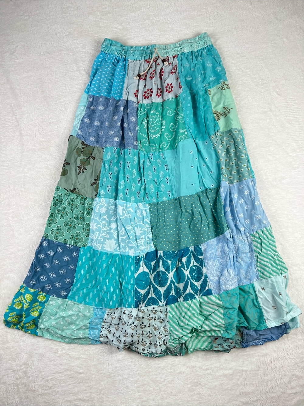Boho Patchwork Maxi Skirt Blue Green Rayon Tiered Festival Cottagecore